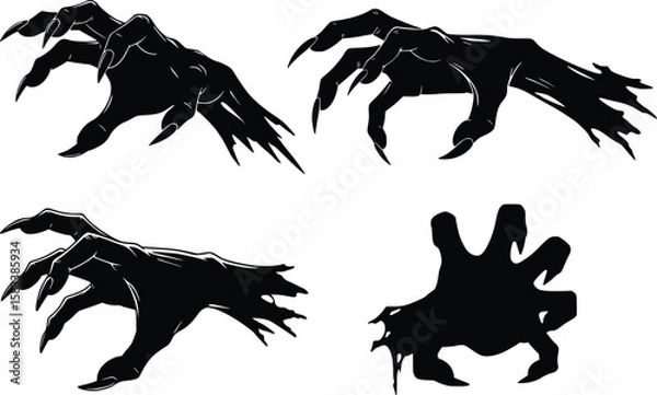 Fototapeta Zombie hands silhouette emerging from ground with claws and creepy horror atmosphere

