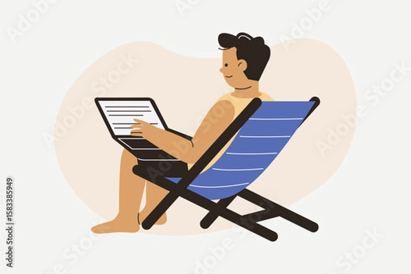 Fototapeta Digital Nomad Working on Laptop While Relaxing on Beach Illustration