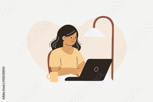 Obraz Young Woman Happily Working from Home on Laptop Illustration