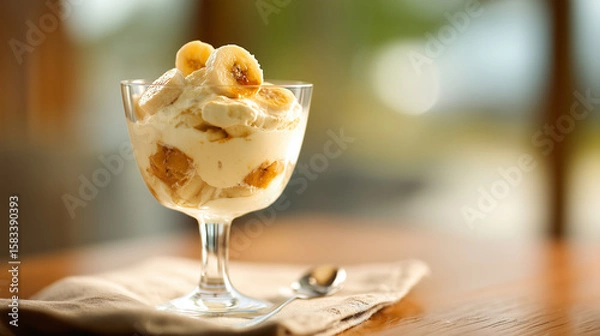Obraz エレガントなデザートグラスに盛られたバナナプディング | 上品な盛り付け
