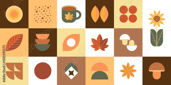 Fototapeta Autumn geometric mosaic background pattern. Modern figure, shape and autumn elements. Scandinavian. Minimalistic elements for design, contemporary natural organic harvest.