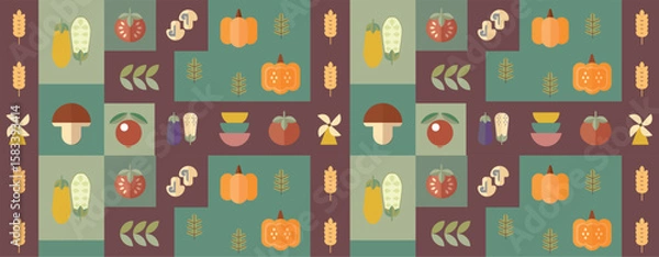 Fototapeta Autumn geometric mosaic background pattern. Modern figure, shape and autumn elements. Scandinavian. Minimalistic elements for design, contemporary natural organic harvest.