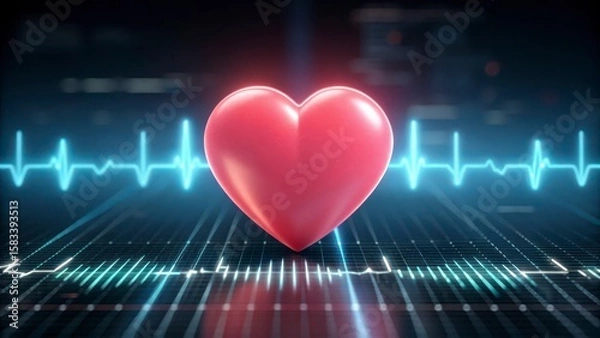Fototapeta 3D Red Heart with Smooth Surface and Electrocardiogram Pulse Graph in High-Tech Medical Environment