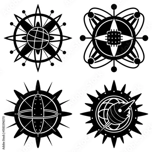 Fototapeta Four abstract black and white designs featuring globe, chip, atom and rocket elements in circular forms
