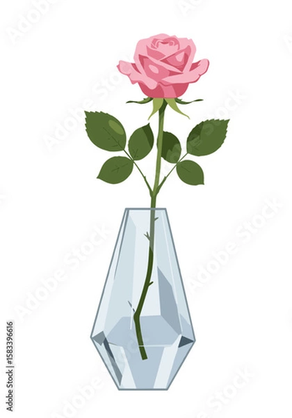 Fototapeta Pink rose in a crystal vase. Flat vector illustration, isolated on a transparent background.