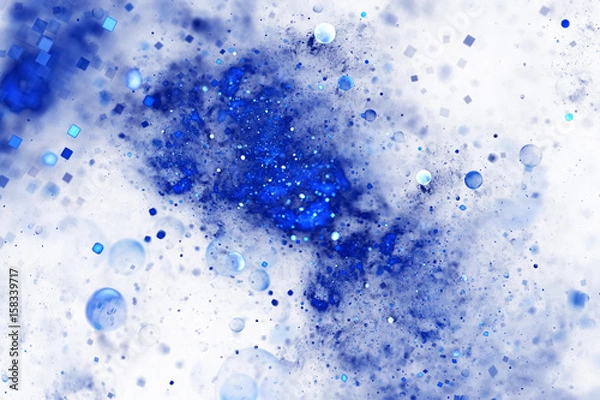 Fototapeta Bright splash. Abstract blue drops and sparkles on white background. Fantasy fractal texture. Digital art. 3D rendering.