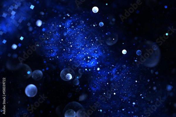 Fototapeta Bright galaxy. Abstract blue drops and sparkles on black background. Fantasy fractal texture. Digital art. 3D rendering.