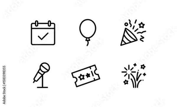 Fototapeta Simple celebration icons featuring microphone, calendar, balloon, and fireworks