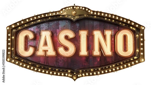 Fototapeta Vintage retro casino sign with glowing neon lights isolated on transparent background.