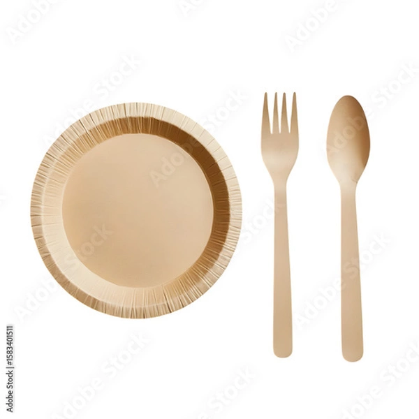 Fototapeta Fork and spoon and paper plate isolated on transparent background