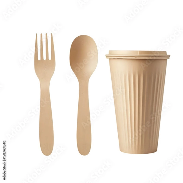 Fototapeta Spoon, fork and paper cup isolated on transparent background