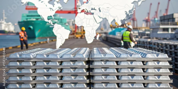 Fototapeta Aluminum ingot shipping port global trade export import industrial logistics worker transportation and world map overlay create dynamic scene of international commerce