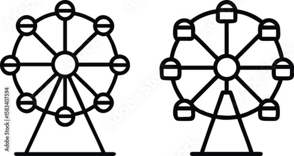 Fototapeta Two Ferris Wheel Illustrations: Simple Line Art Design for Amusement Park, Carnival, or Fair Theme