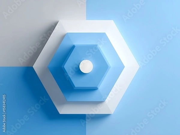 Fototapeta Minimal white hexagonal shape centered on light blue and grey gradient background, simple flat vector design with clear geometric lines and empty space for presentation, no shadows or textures.