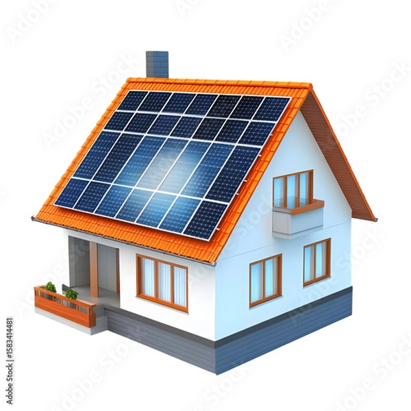Fototapeta 3D house with solar panels on the roof, isolated on transparent background.