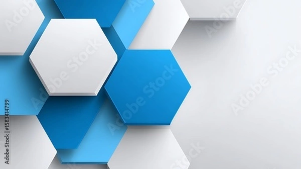 Fototapeta Minimalist white blank hexagonal shape with light blue background, simple vector illustration in flat design style, featuring clean lines, geometric symmetry, white empty space in center