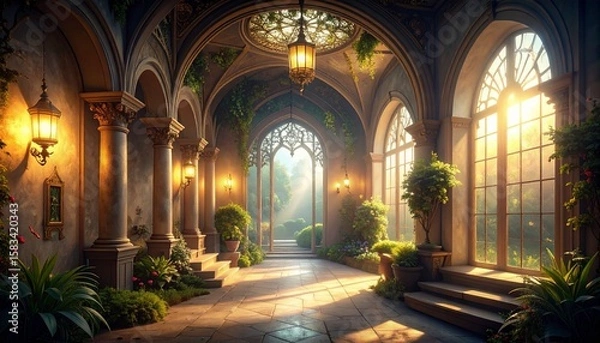 Fototapeta A sunlit, ornate interior hallway with arched ceilings, columns, and lush greenery, leading to an open doorway.