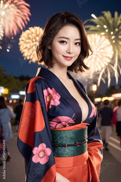 Obraz 夜の街を歩くセクシーな着物の女性