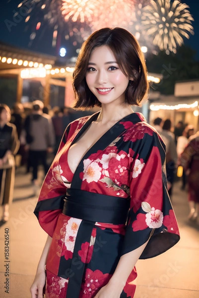 Obraz 夜の街を歩くセクシーな着物の女性