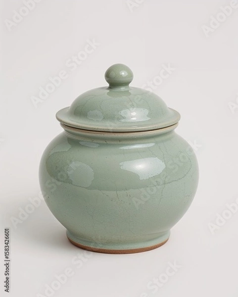 Obraz Thai celadon pot with crackle glaze and lid on plain white background