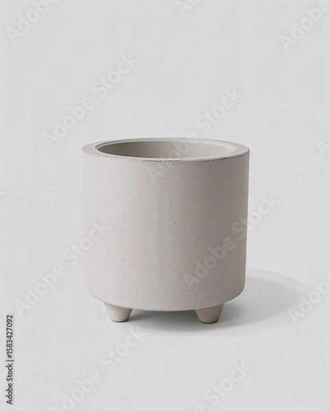 Obraz Minimalist concrete cylinder pot with short legs on plain white background