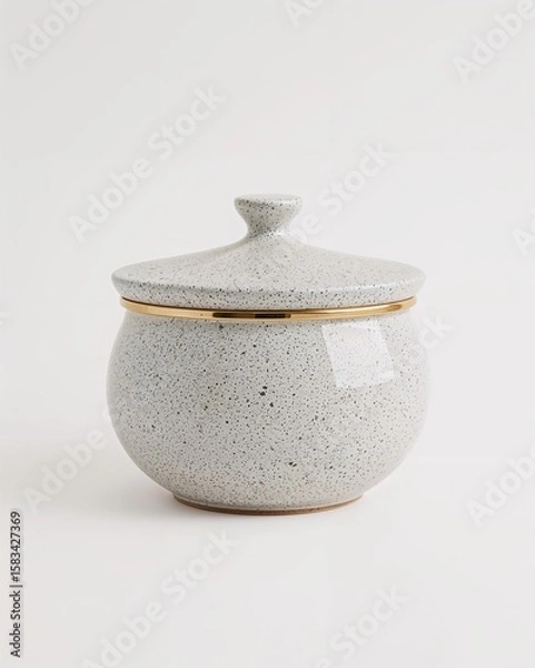 Obraz Speckled ceramic round pot with modern lid on plain white background