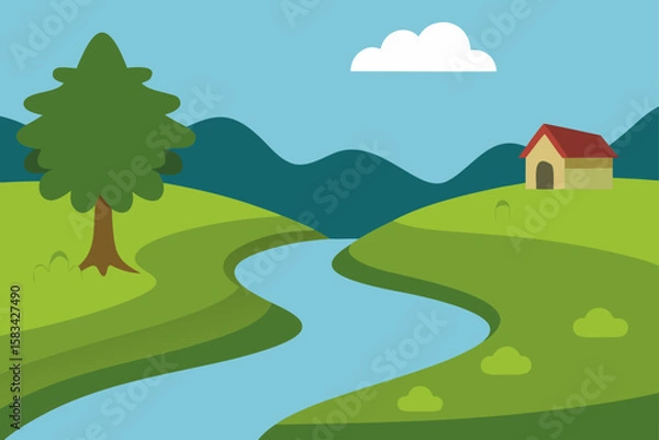 Fototapeta A serene country road winds through a vibrant green meadow toward majestic mountains under a clear summer sky