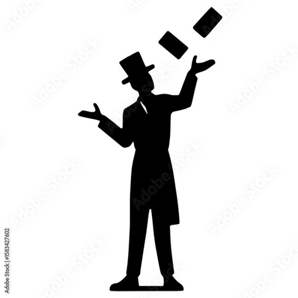 Obraz Magician silhouette juggling cards with expressive stance on white background