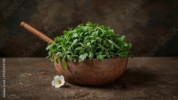 Fototapeta Fresh arugula leaves in a rustic wooden bowl with a wooden spoon on a dark textured background accompanied by a small white flower
