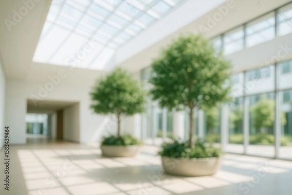 Fototapeta Modern Atrium with Natural Light and Blurred Green Trees in a Spacious Interior Design