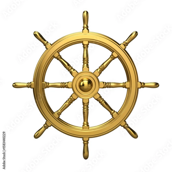 Fototapeta A golden ship's steering wheel on a transparent background. The wheel features eight spokes and a central hub, symbolizing navigation and maritime themes.