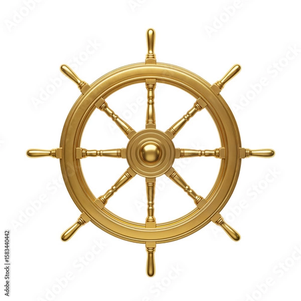 Fototapeta A golden ship's steering wheel on a transparent background. The wheel features eight spokes and a central hub, symbolizing navigation and maritime themes.