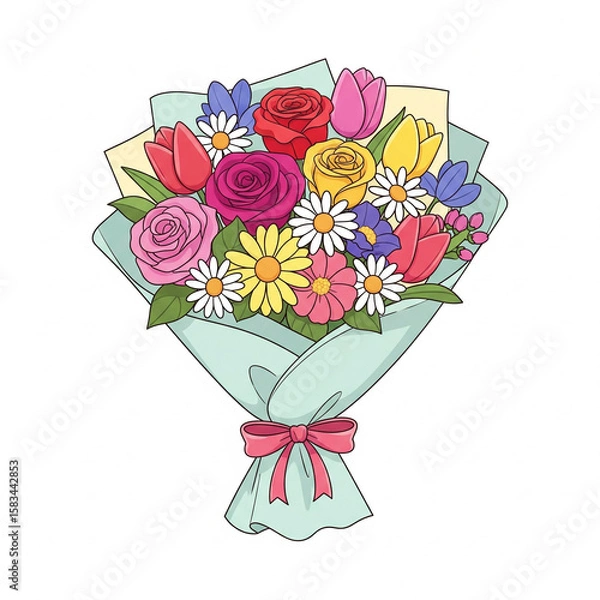 Fototapeta A beautifully wrapped bouquet features an assortment of colorful flowers including roses, daisies, tulips, and other seasonal blooms. The arrangement is tied with a ribbon, giving it a cheerful.