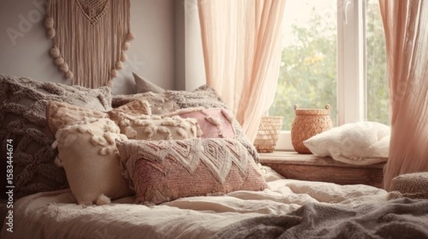 Fototapeta Cozy Boho Bedroom Decor with Soft Pillows and Flowing Curtains Illuminating Natural Light