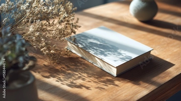 Fototapeta Aesthetic Mockup of a Blank Book on a Wooden Table Surrounded by Natural Elements and Soft Light
