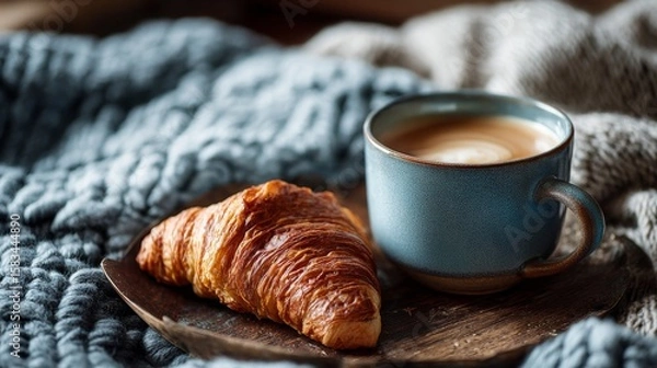 Fototapeta Cozy Breakfast Table with Flaky Croissant and Warm Cup of Coffee on Soft Blanket