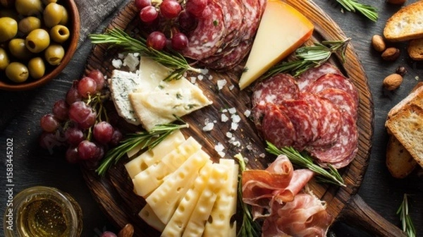 Fototapeta Top View of a Charcuterie Board Featuring Cheeses, Meats, Rosemary, Olives, and Fresh Grapes for Elegant Snacking