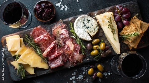 Fototapeta Exquisite Charcuterie Board Featuring Cheese, Cured Meats, Grapes, Olives, and Crackers in Top View Arrangement