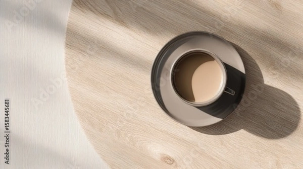 Fototapeta Minimalist Top View of Coffee Cup on Wooden Table with Soft Shadows and Natural Light