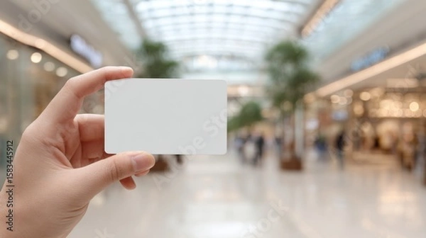 Fototapeta Hand Holding Blank Credit Card Mockup in Shopping Mall Environment with Unfocused Background