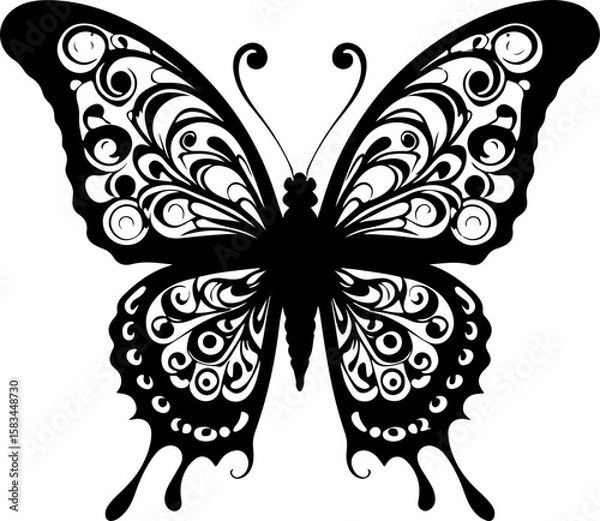 Fototapeta A mesmerizing butterfly silhouette adorned with swirling, abstract, and floral-inspired patterns on its wings, creating a captivating and highly artistic design perfect for unique decorations