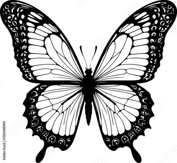 Fototapeta An elegant, intricately detailed butterfly silhouette, showcasing delicate wings with beautiful patterns, perfect for nature-inspired designs, serene themes, and artistic projects.
