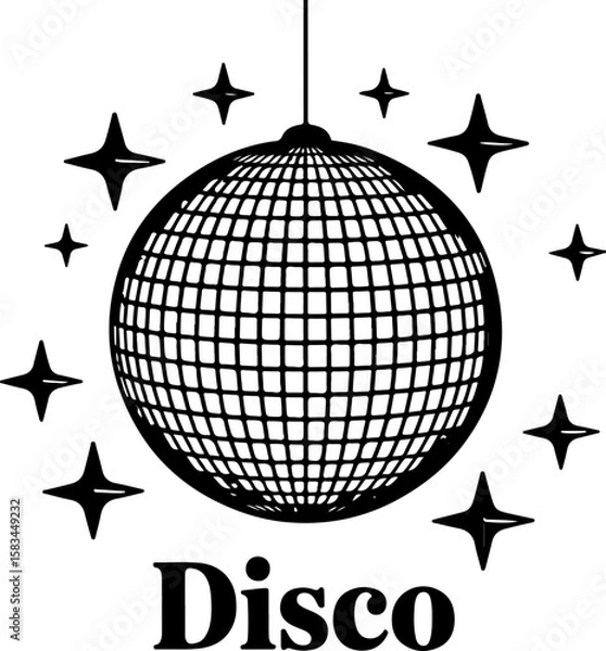 Fototapeta  Dynamic "Disco" ball graphic with surrounding stars, perfect for vibrant party invitations, retro-themed events, and celebratory designs, symbolizing fun and nightlife.