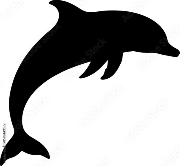 Fototapeta  Dynamic black dolphin silhouette captured mid-jump, perfect for marine-themed designs, aquatic logos, and ocean-inspired art, symbolizing freedom and intelligence.