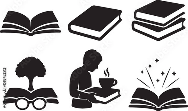 Fototapeta Silhouette icons of books, reading, and learning.