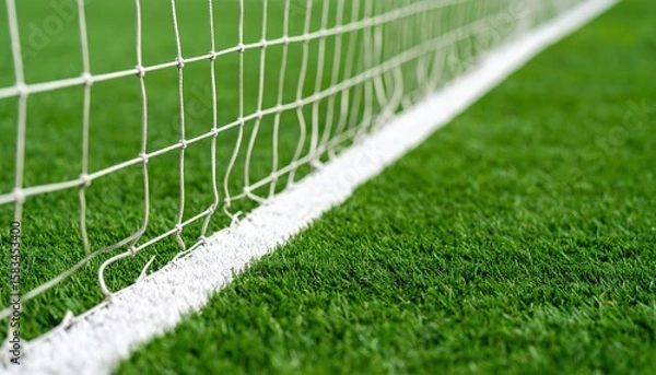 Fototapeta Close-up view of a soccer goal net against vibrant green grass on a sunny day