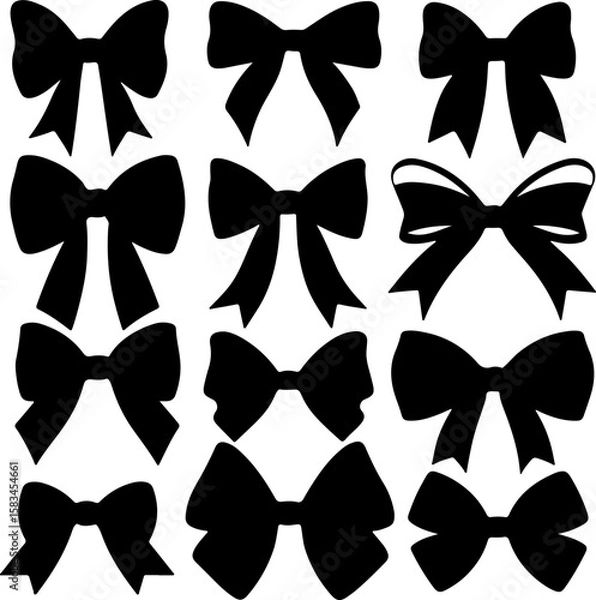Fototapeta A diverse assortment of black bow silhouettes in various shapes and styles, offering a versatile collection for elegant decorations, gift wrapping, fashion accents, and festive design elements.