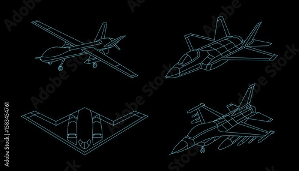 Fototapeta Fighter Jet Line Drawing Vector on Black Background