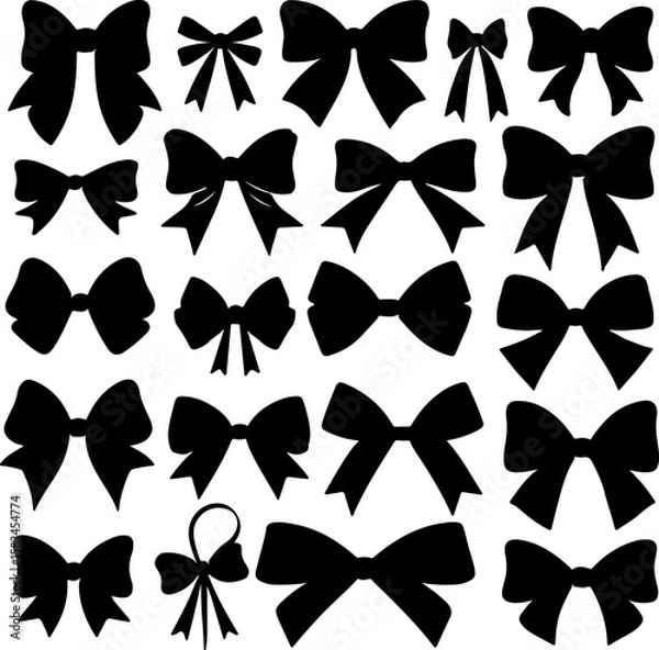 Fototapeta A versatile collection of various bow silhouettes in different styles and sizes, perfect for adding elegant, decorative touches to gifts, fashion designs, craft projects, and celebratory themes.