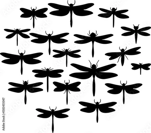 Fototapeta A collection of various dragonfly silhouettes, depicted in different sizes and orientations, creating a dynamic and nature-inspired arrangement perfect for decorative patterns, natural themes